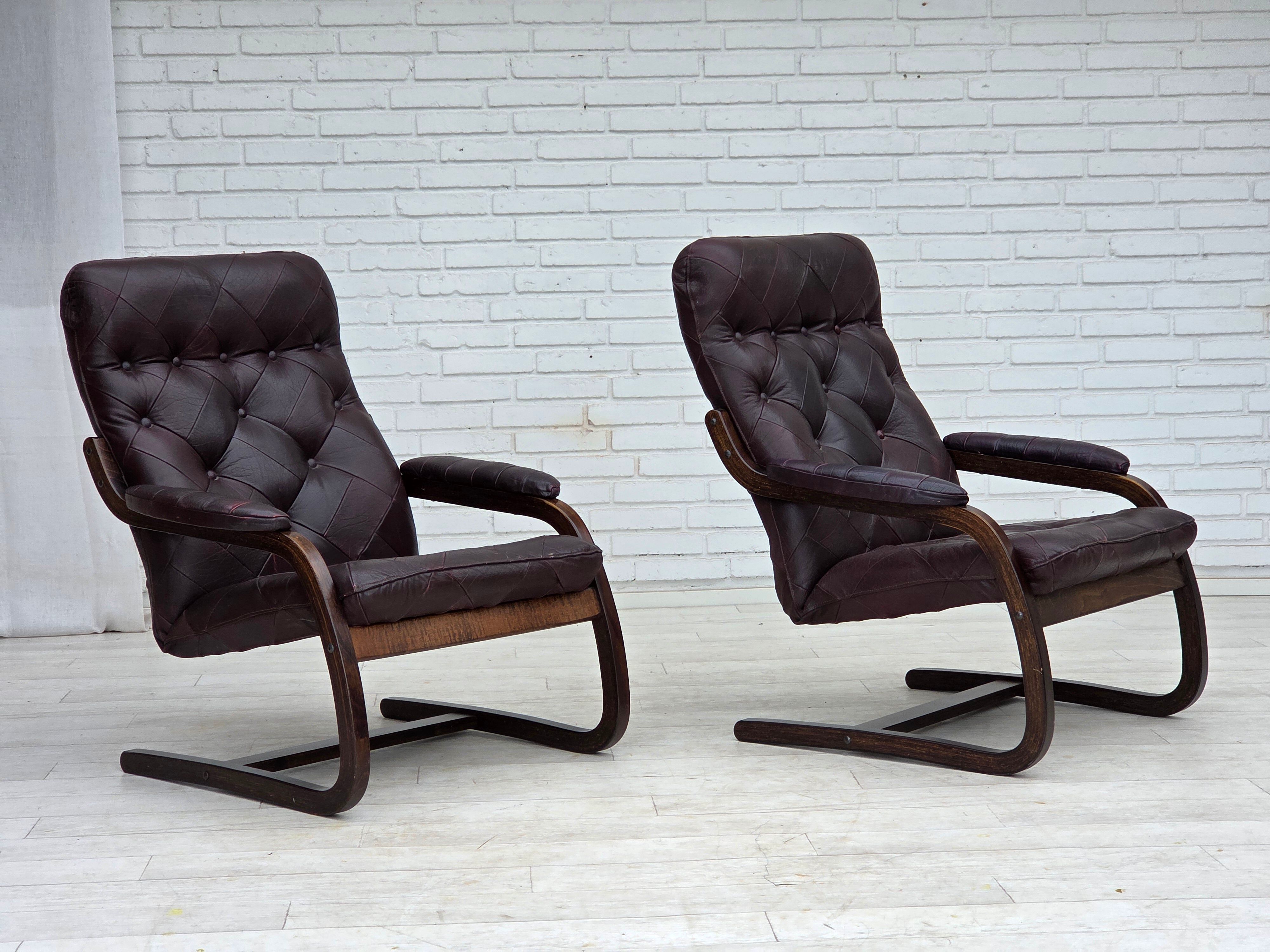 1970s, Scandinavian armchair, brown furniture leather, bent wood.
