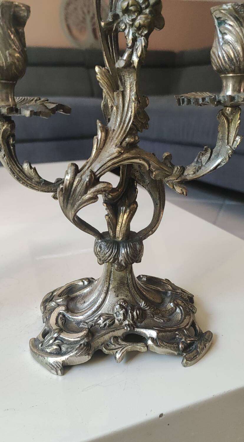 Pair of Candelabra in Louis XV/Rocaille Style, 2 lights. In gilded bronze, 19th century.