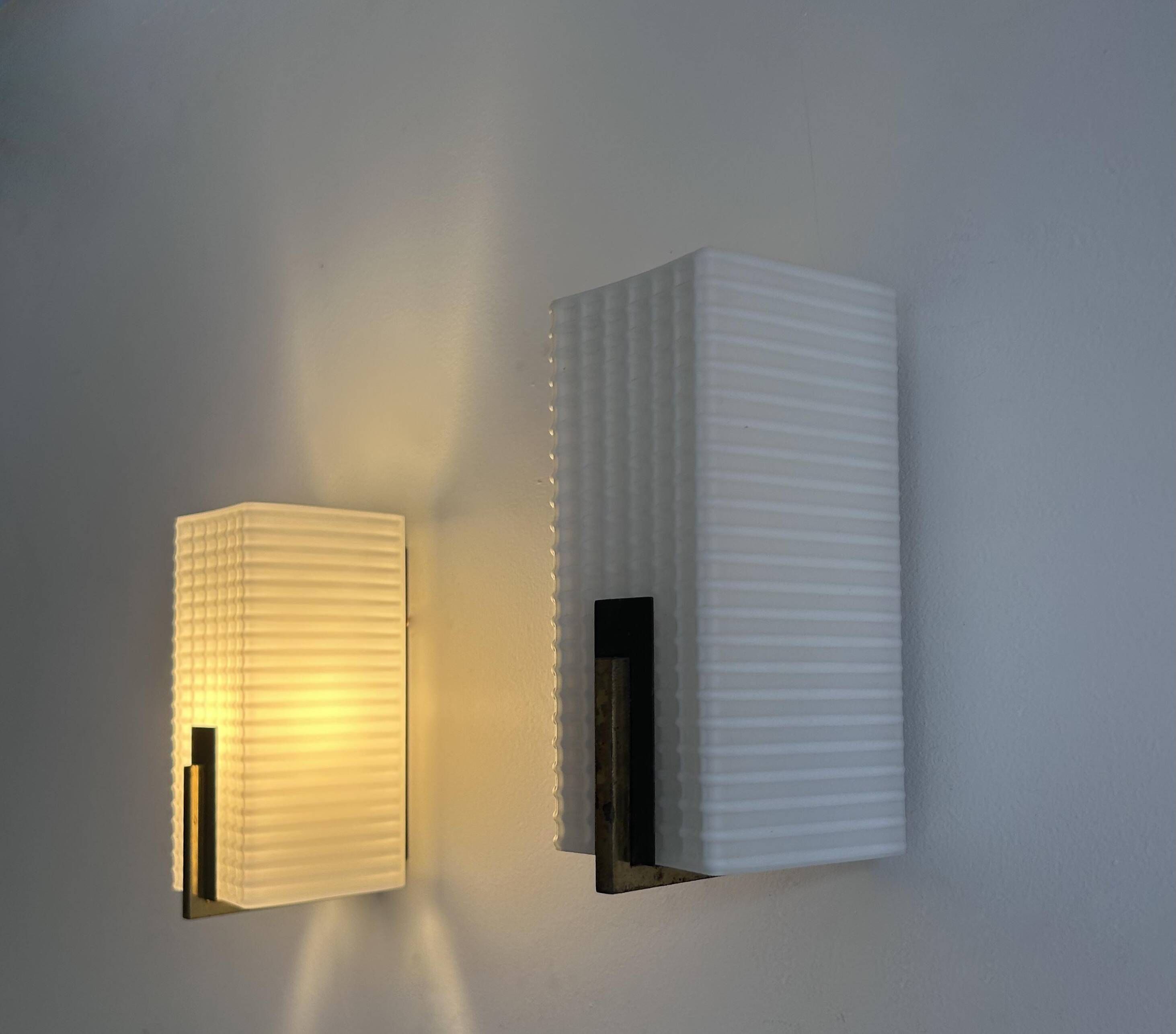 Pair of vintage wall lights, brass and opaline, France 1960