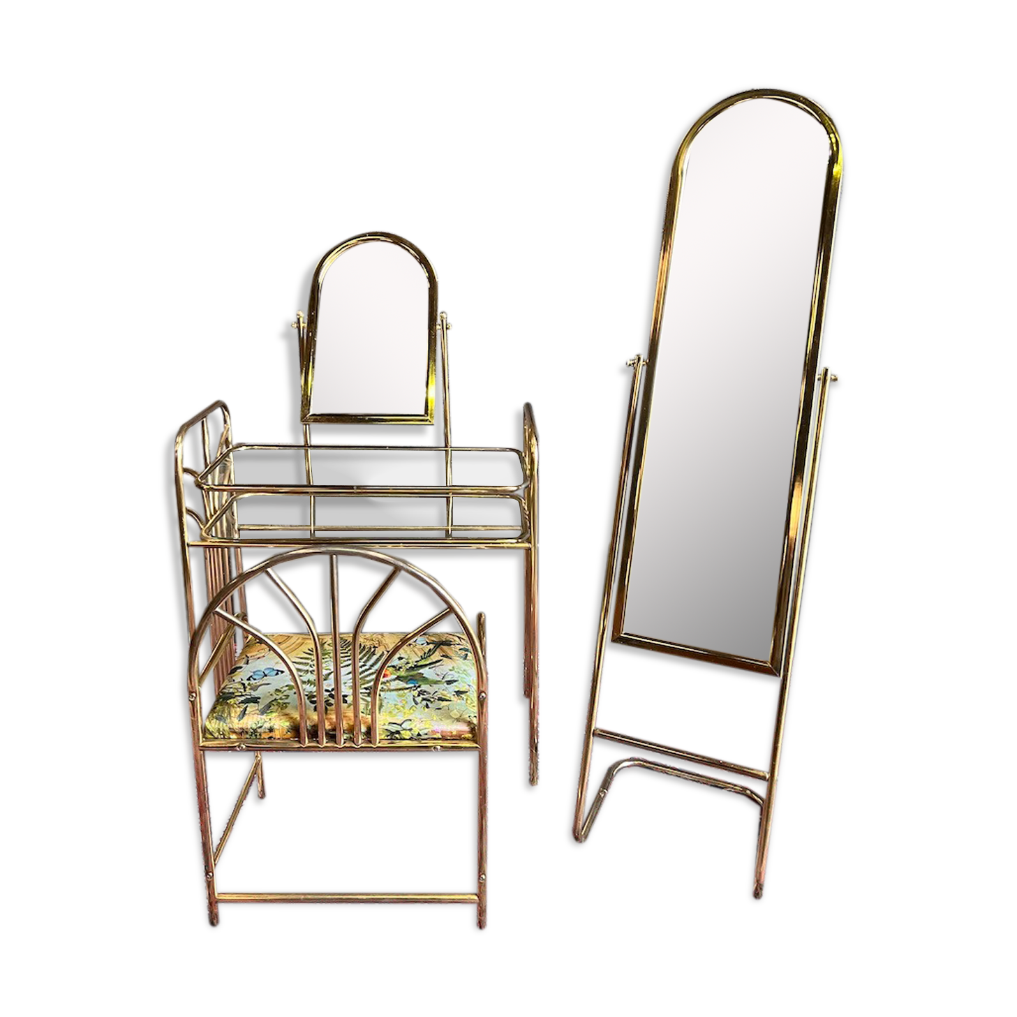 Dressing table and matching psyche in gold metal and glass 70