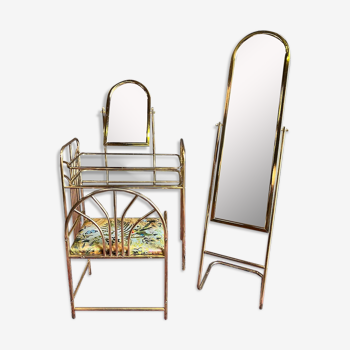 Dressing table and matching psyche in gold metal and glass 70