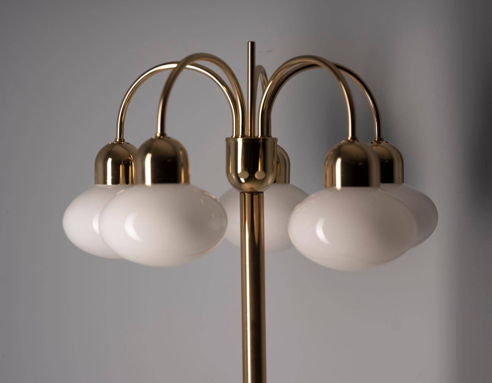 Vintage brass floor lamp with five opaline glass shades, mid-century, Czechoslovakia, 165 × 60 × 30 cm