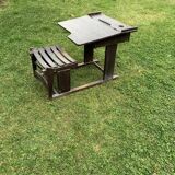 Brown painted wooden school desk for children, vintage 1920s set, slatted seat and storage.