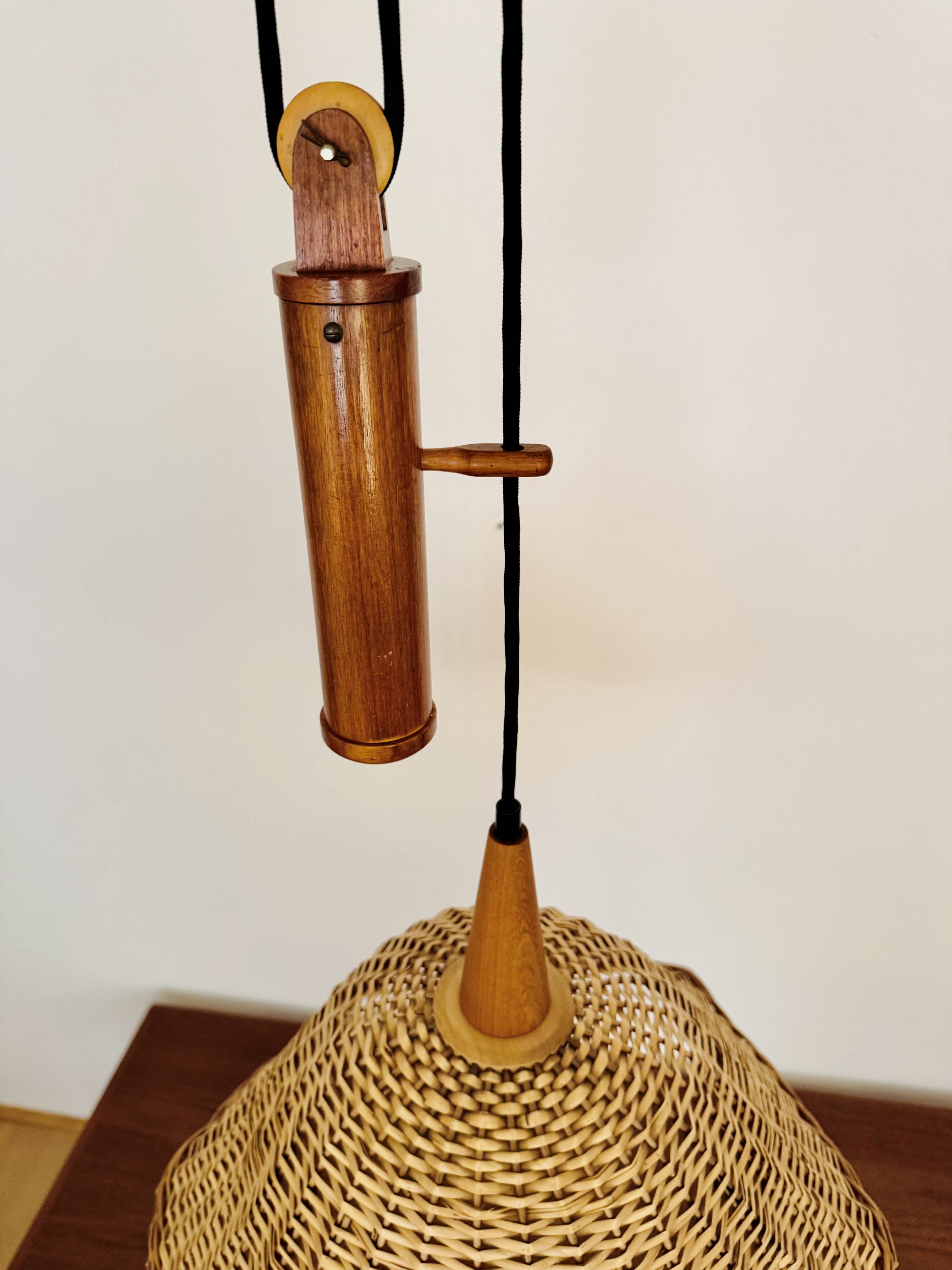 Adjustable Wicker and Teak Pendant Lamp