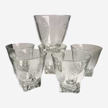 Lot de 6 verres à eau en verre gravé années 50-60