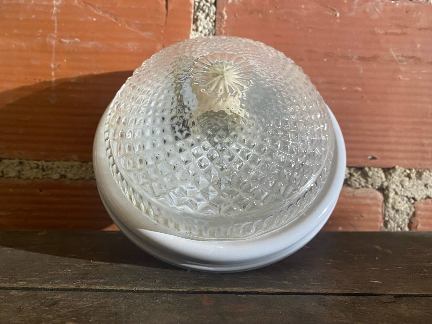 Vintage Round Ceiling Light Moulded Glass + White Metal Surround #D90