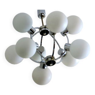 Mid century chandelier with 9 radiating milk glass globes 1970s
