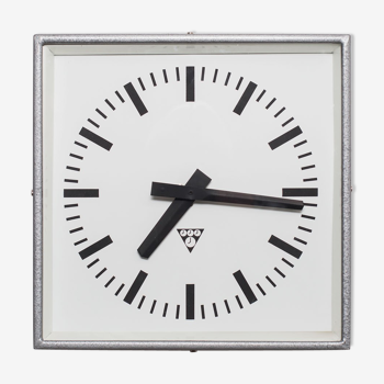 Silver-Gray Industrial Square Wall Clock by Pragotron, 1970s