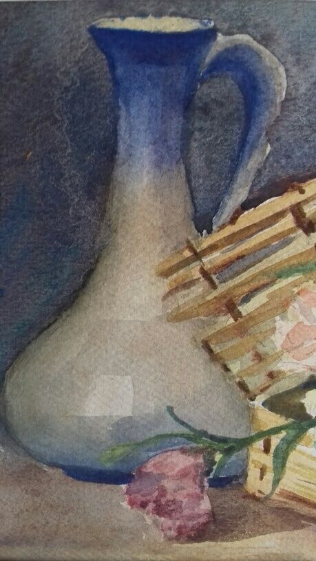 Ancient watercolor with flower basket and pitcher