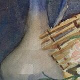 Aquarelle ancienne avec panier fleuri et pichet