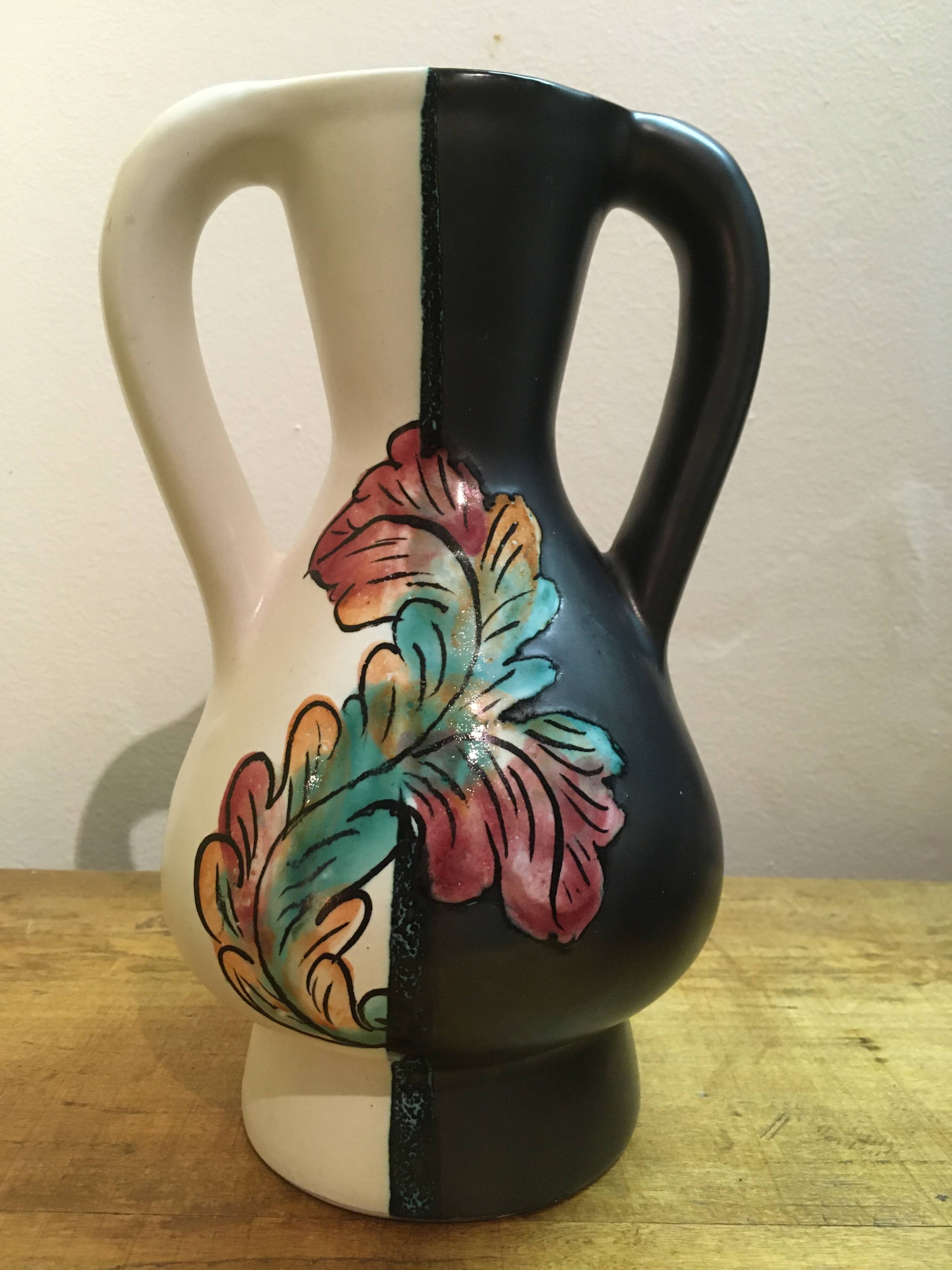 Black and white Vallauris vase, H. Caillet flower, vintage graphic 1960 1970