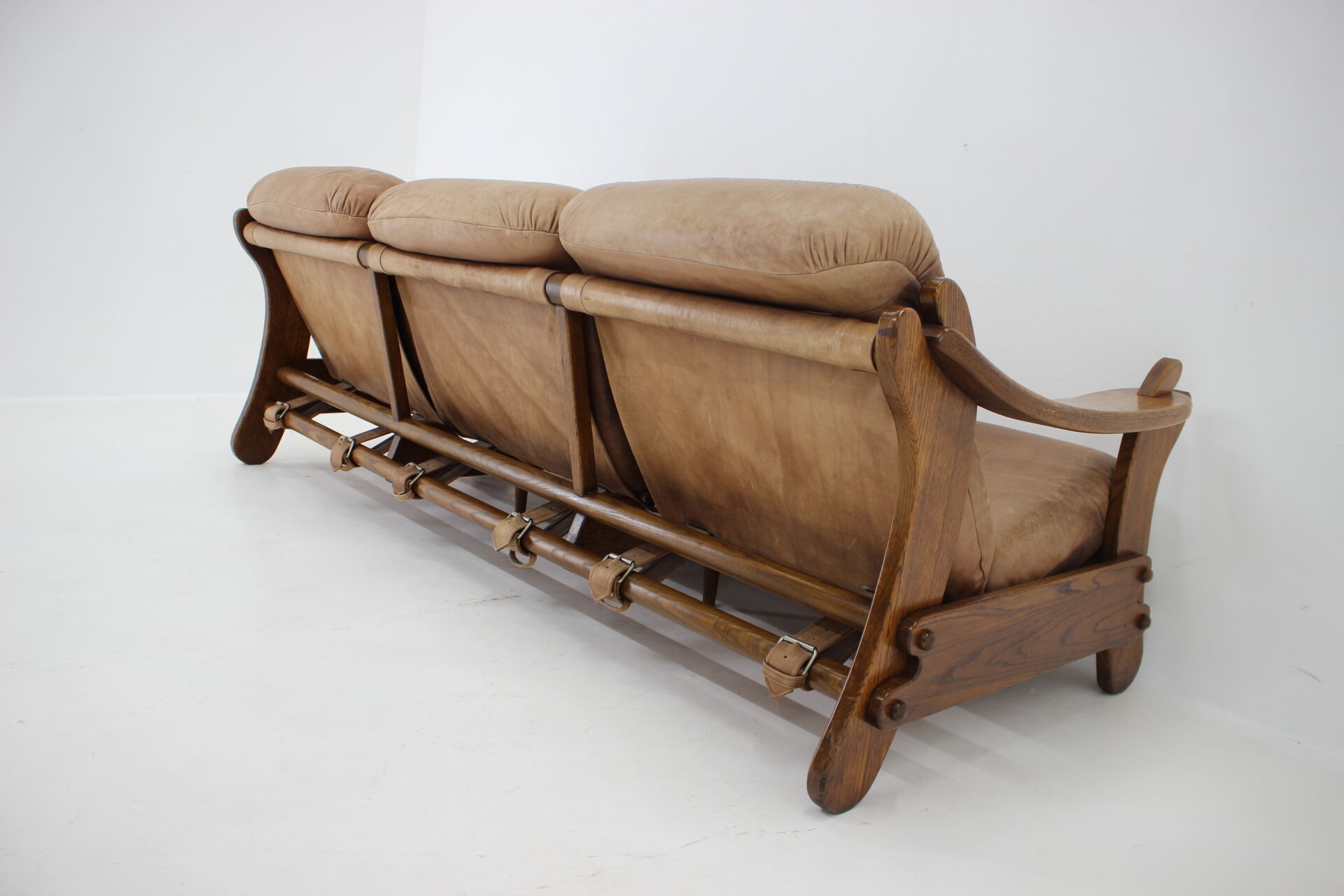1970s Brutalist Dutch Oak and Leather 3 Seater Sofa