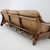 1970s Brutalist Dutch Oak and Leather 3 Seater Sofa