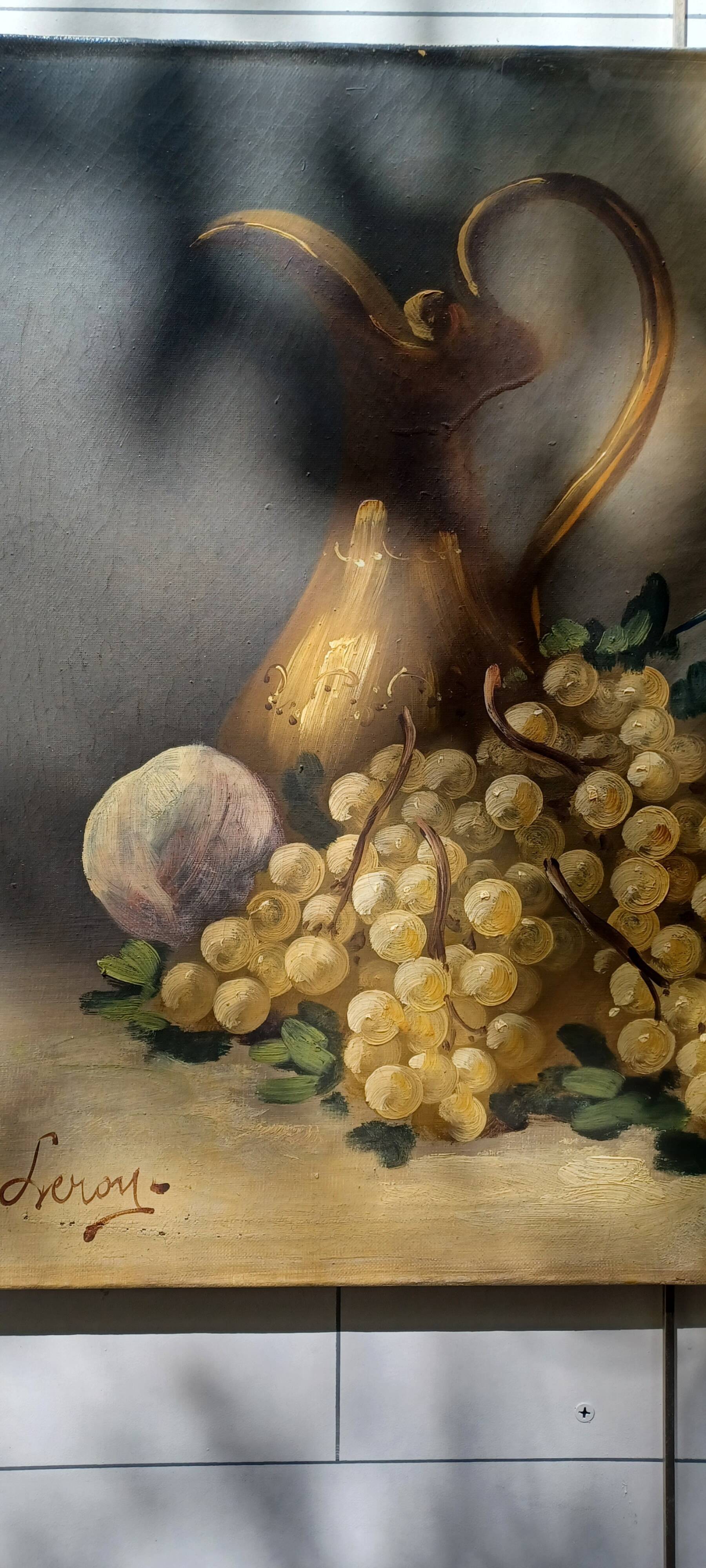 Tableau fin 19eme signe leroy . nature morte a l'aiguiere
