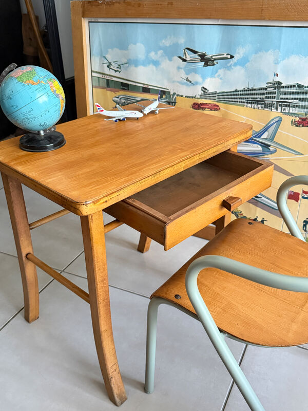 Bureau enfant Baumann en bois et chaise Hitier vintage