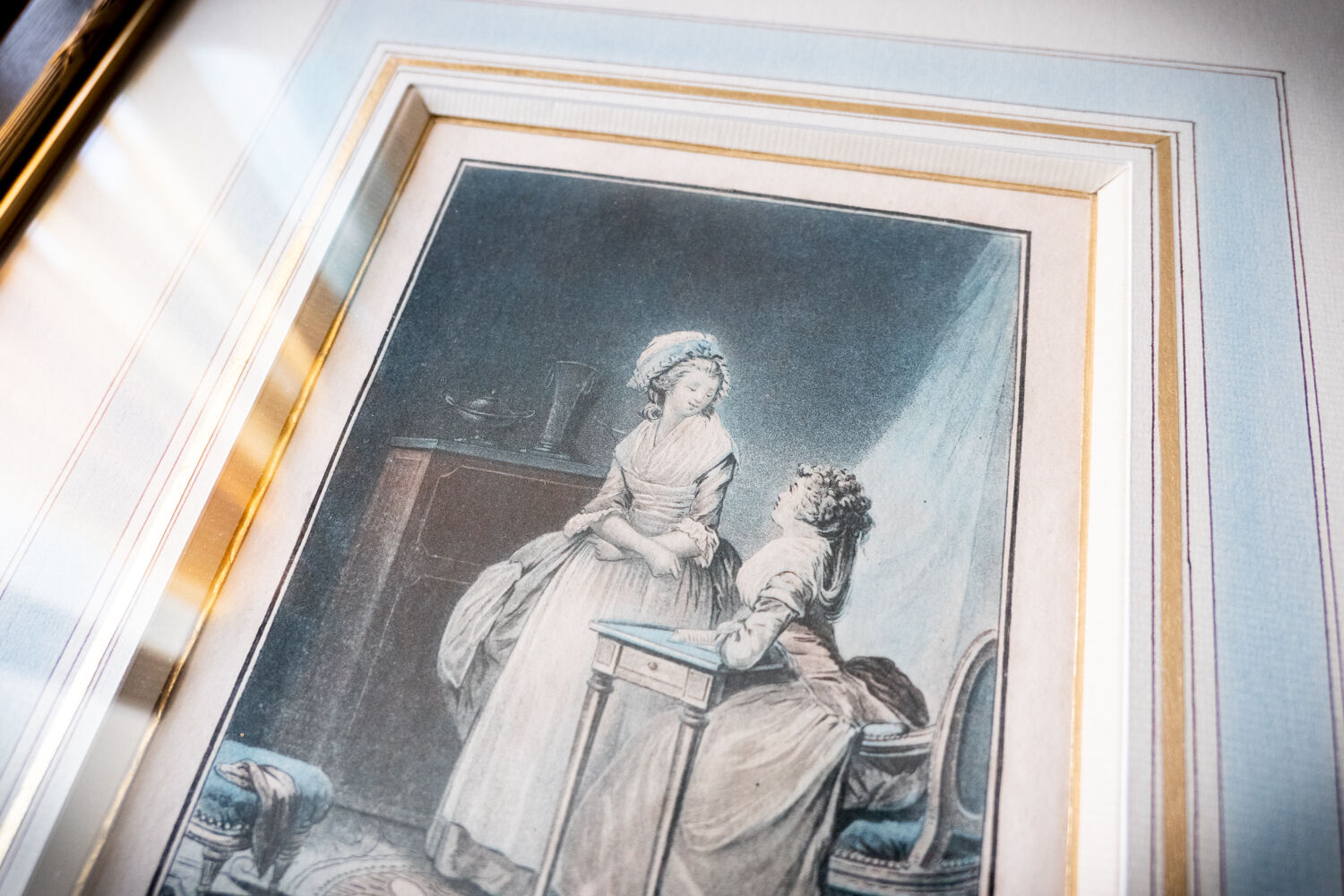 Gravure encadrée "Le petit conseil" par Janinet