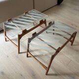 Set of two Italian wooden tables with glass top