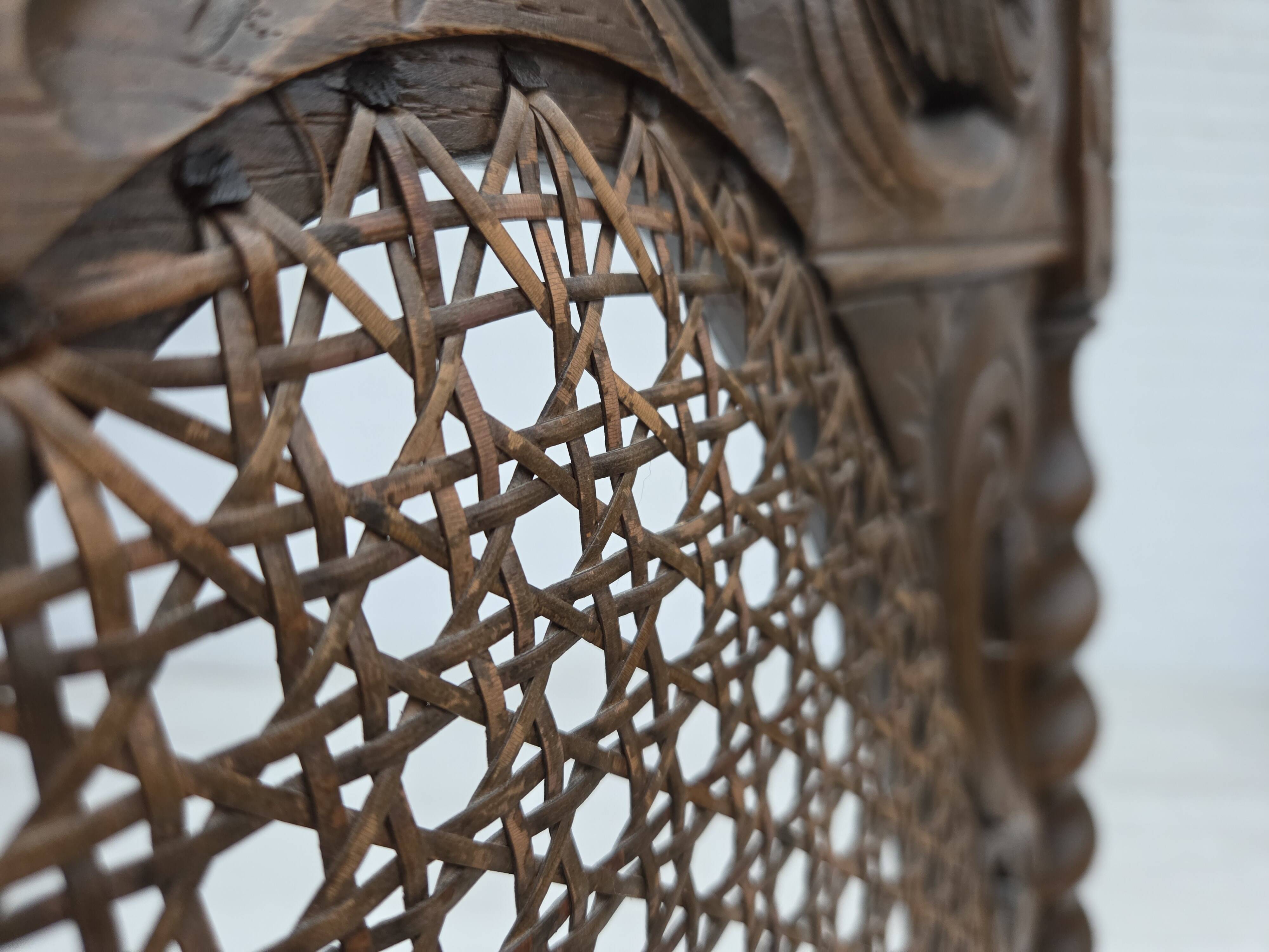 1930s, Danish highback armchair, furniture mesh, velour, carved oak wood.