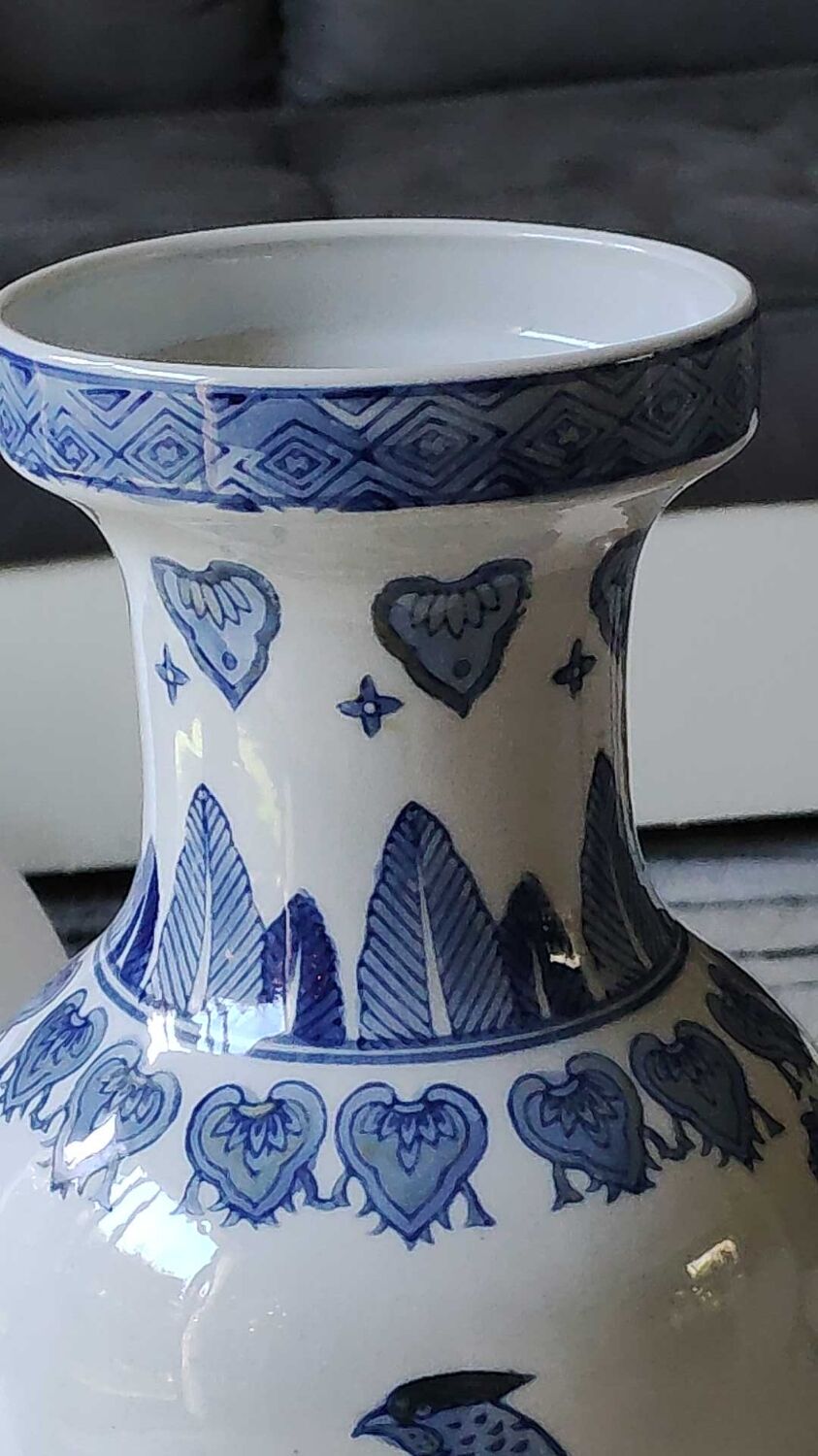 Asian baluster vase. Exotic floral/bird designs. Feather friezes, hearts. High 36 cm