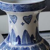Asian baluster vase. Exotic floral/bird designs. Feather friezes, hearts. High 36 cm