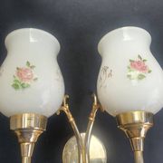 Pair of vintage wall sconces in gilded brass and pink opaline glass.