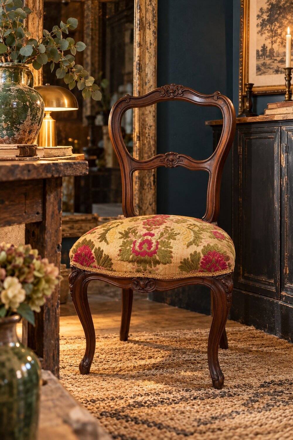 Carved walnut Napoleon III style velvet medallion chair