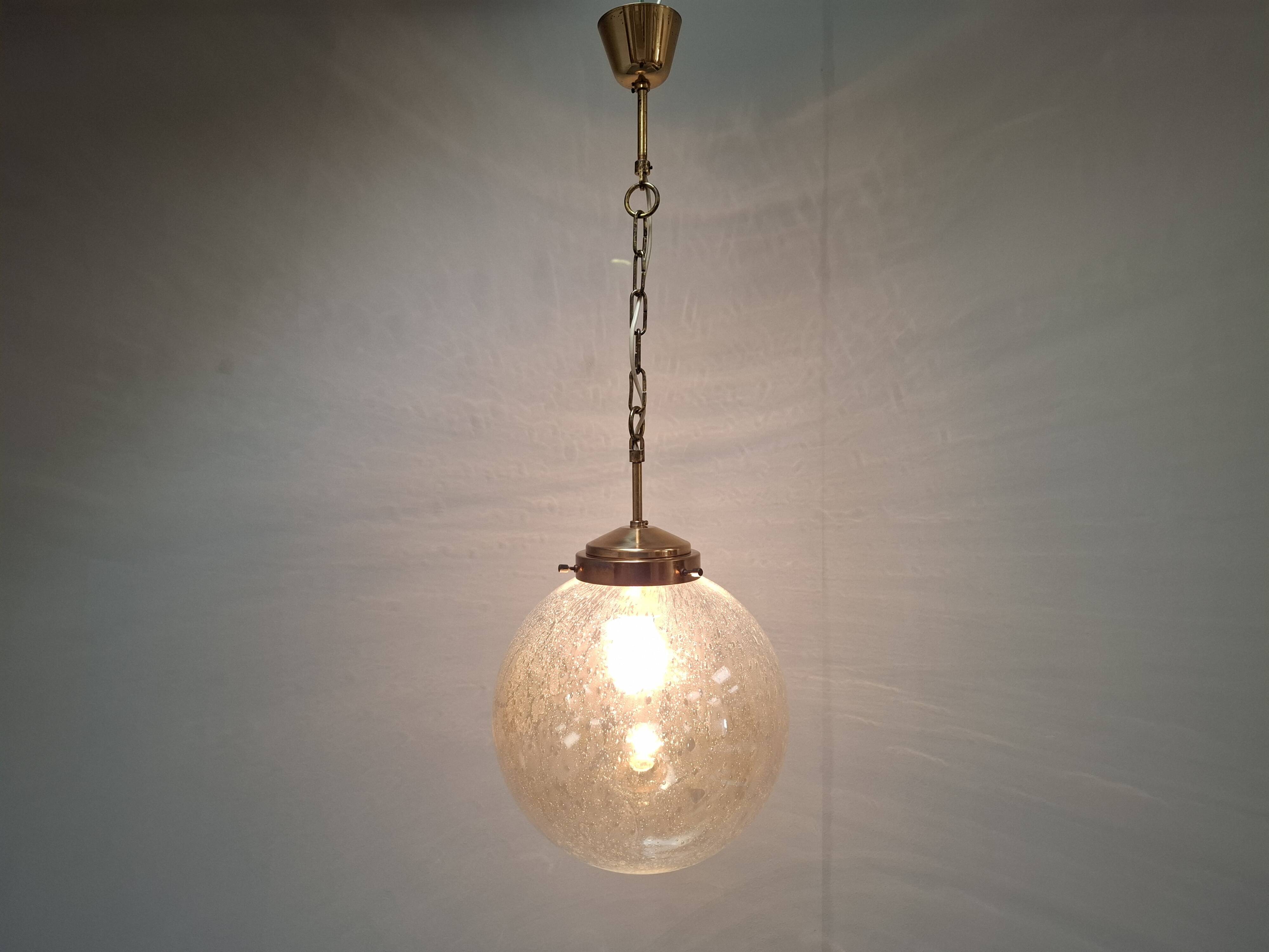 Midcentury Brass and Smoked Bubble Glass Pendant by Kamenický Šenov, 1960s
