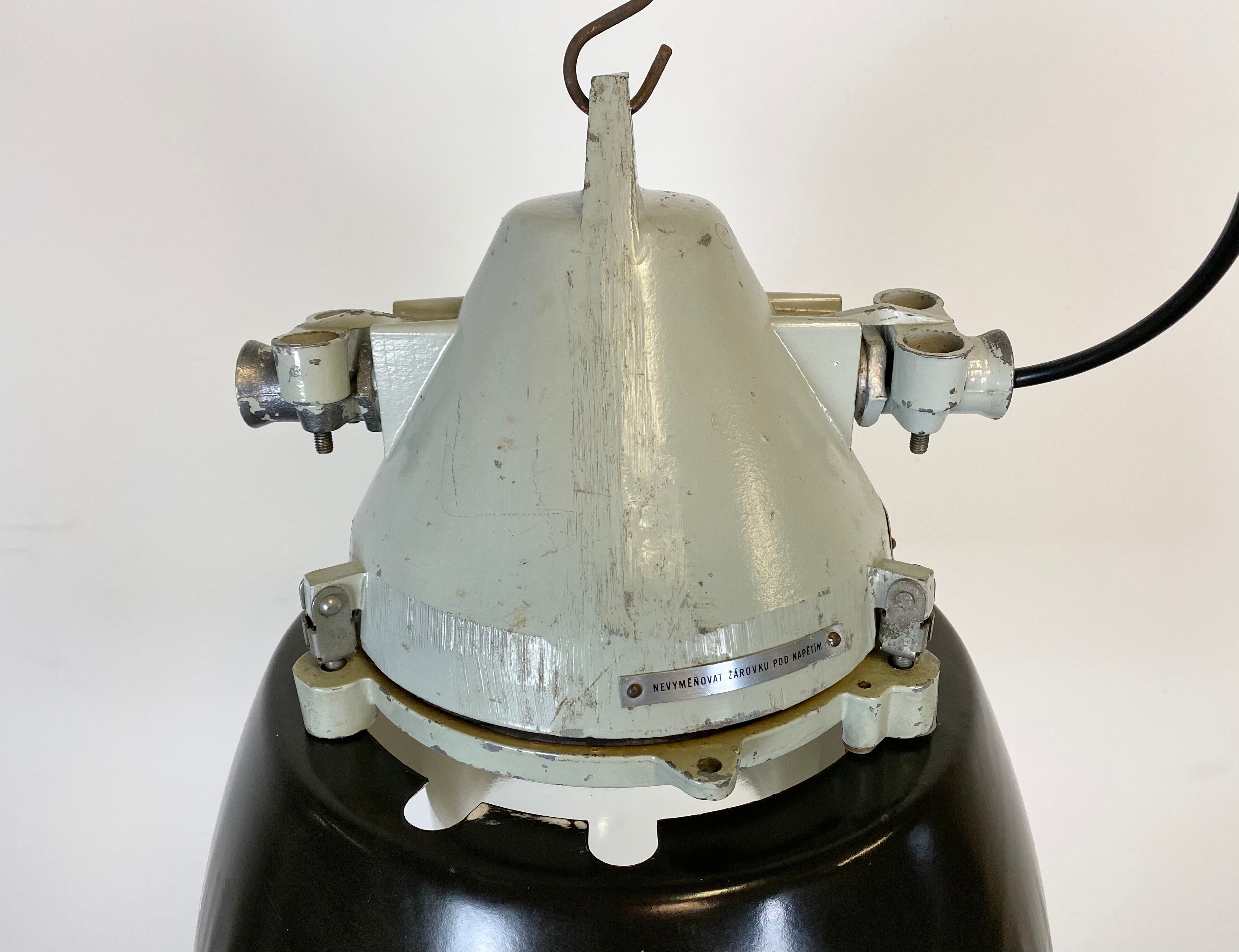 Grey cast aluminium explosion proof lamp with black enameled shade