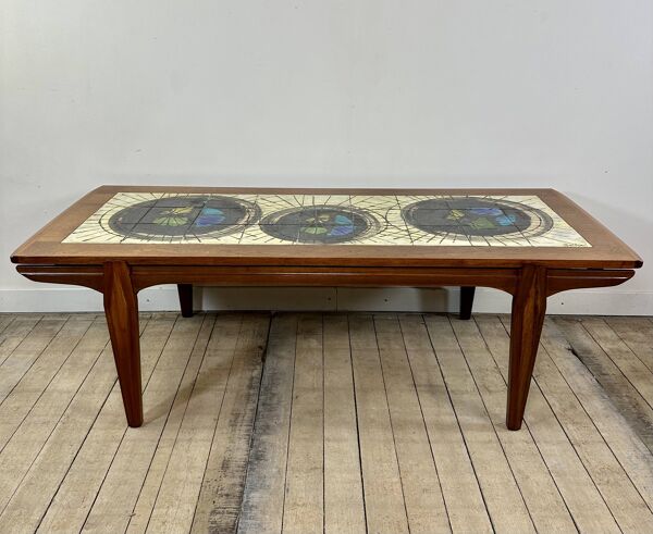 Table basse en teck et faïence de lave par j.belarti 1960