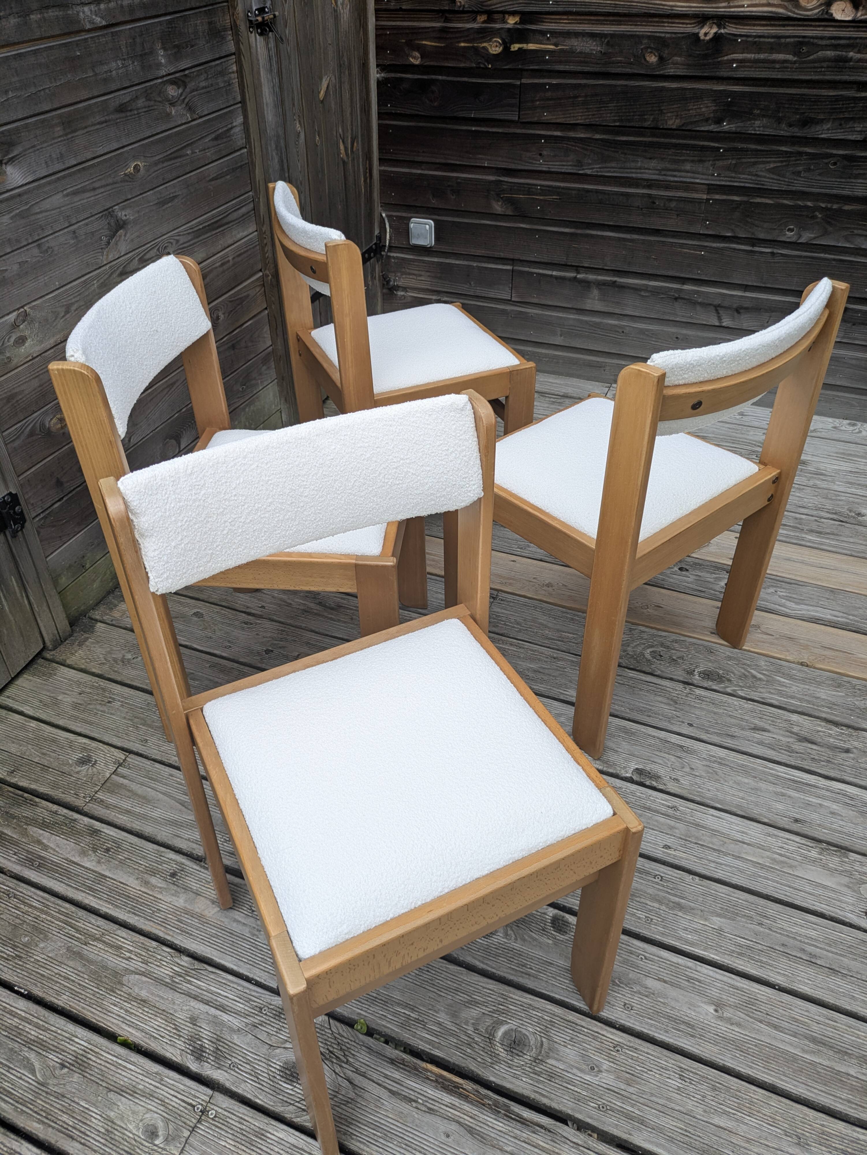 Set of 4 restored vintage chairs / White bouclette