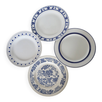 4 vintage mismatched flat plates in blue and white earthenware porcelain - Lot Emma