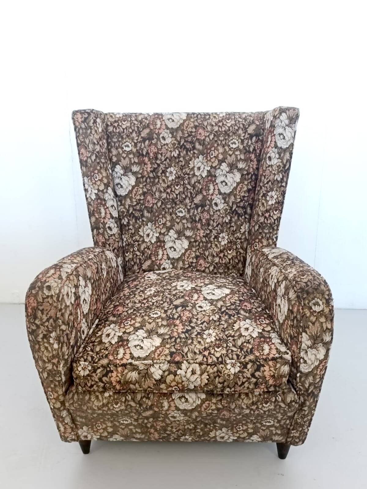 High-Quality Brown Floral Fabric Armchair attr. to Paolo Buffa, Italy