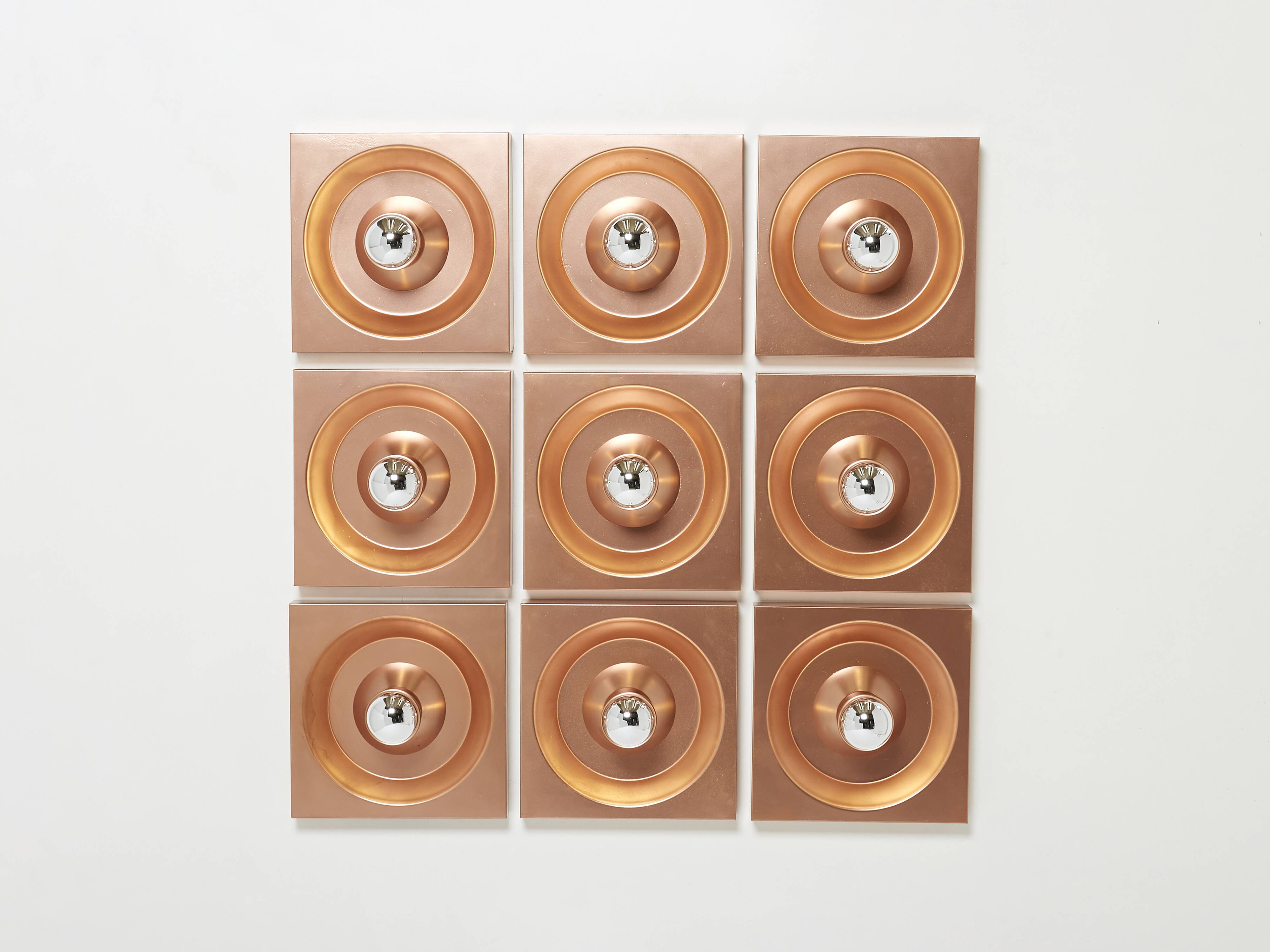 Set of nine wall lamps copper Klaus Hempel for Kaiser Leuchten 1970