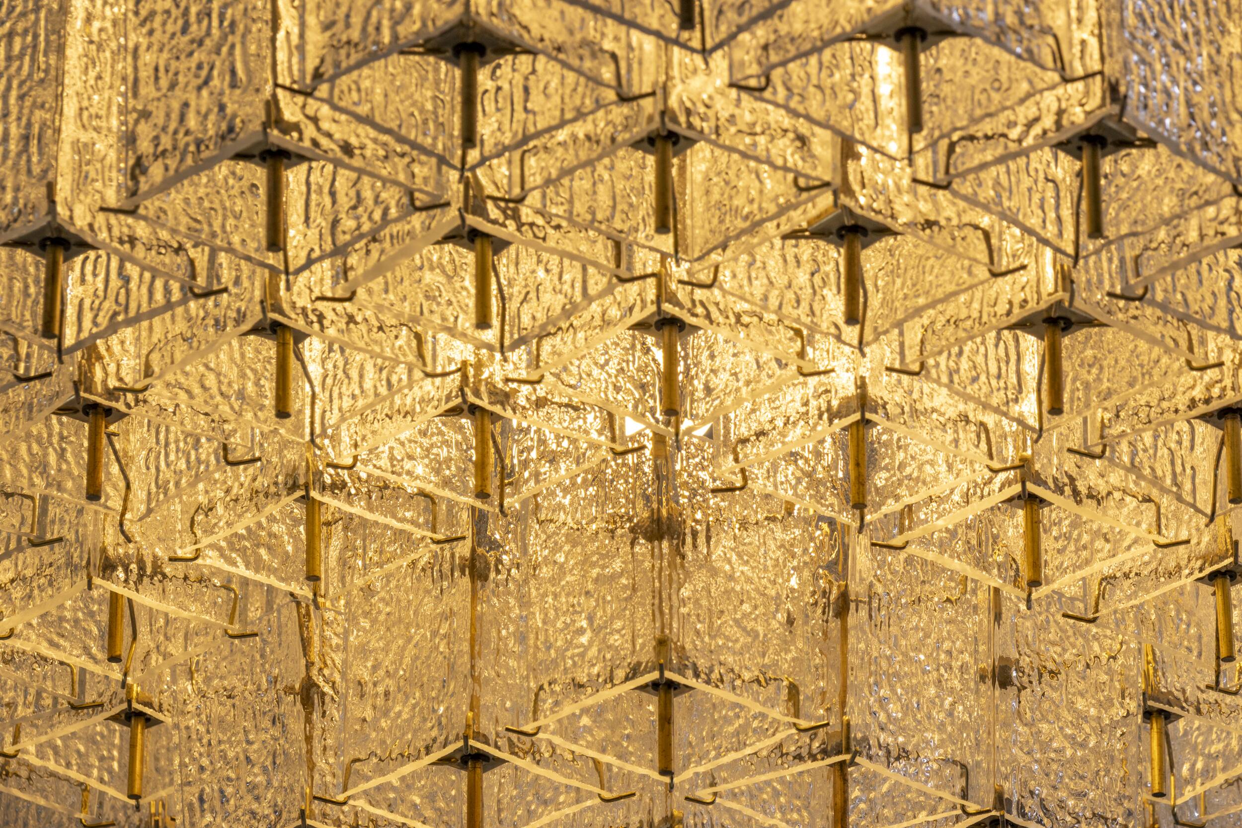 Bohemian flush-mount light in textured glass & brass, 1960s