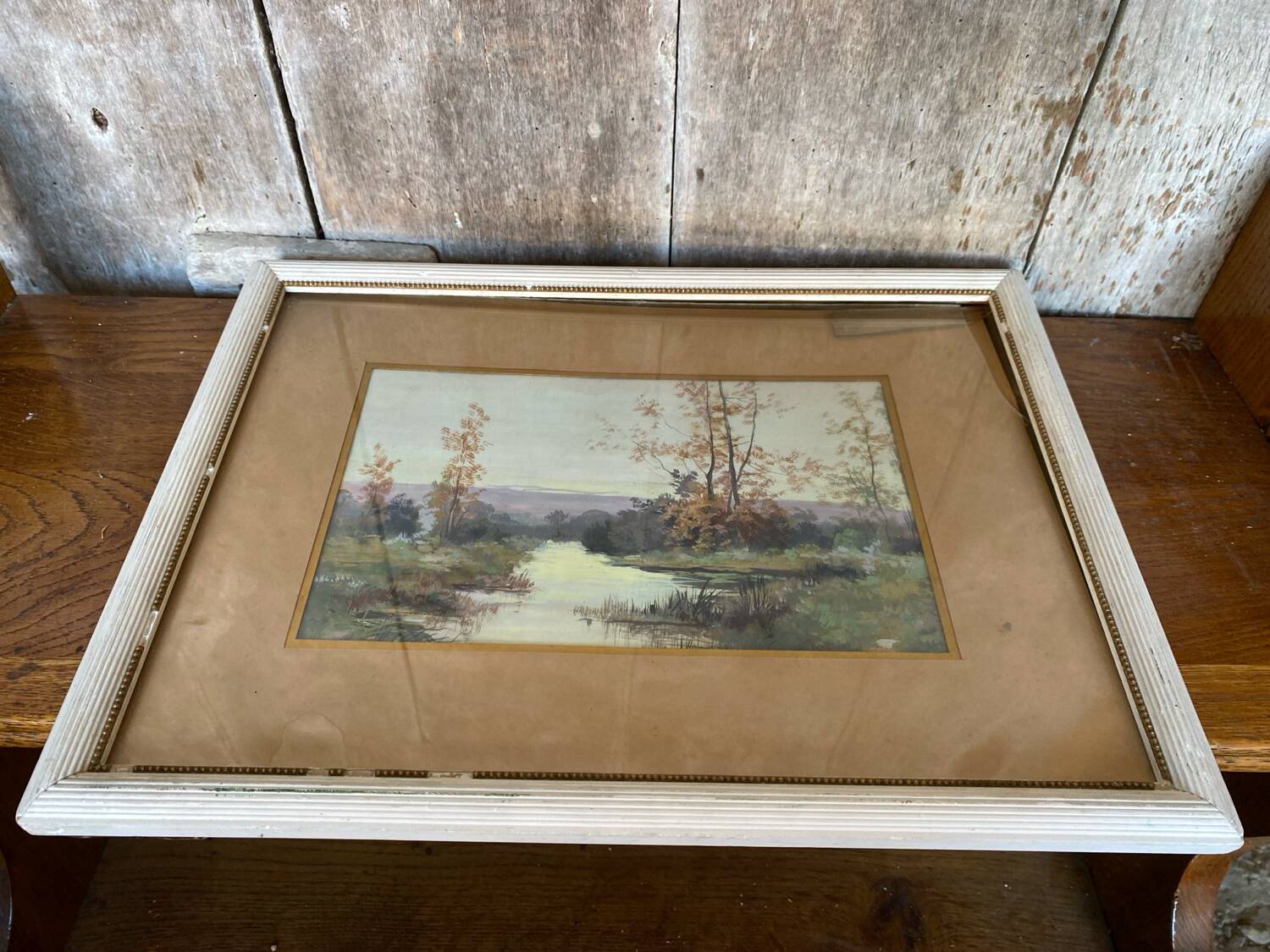 Old oil color landscape + vintage white wood frame