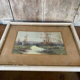 Old oil color landscape + vintage white wood frame
