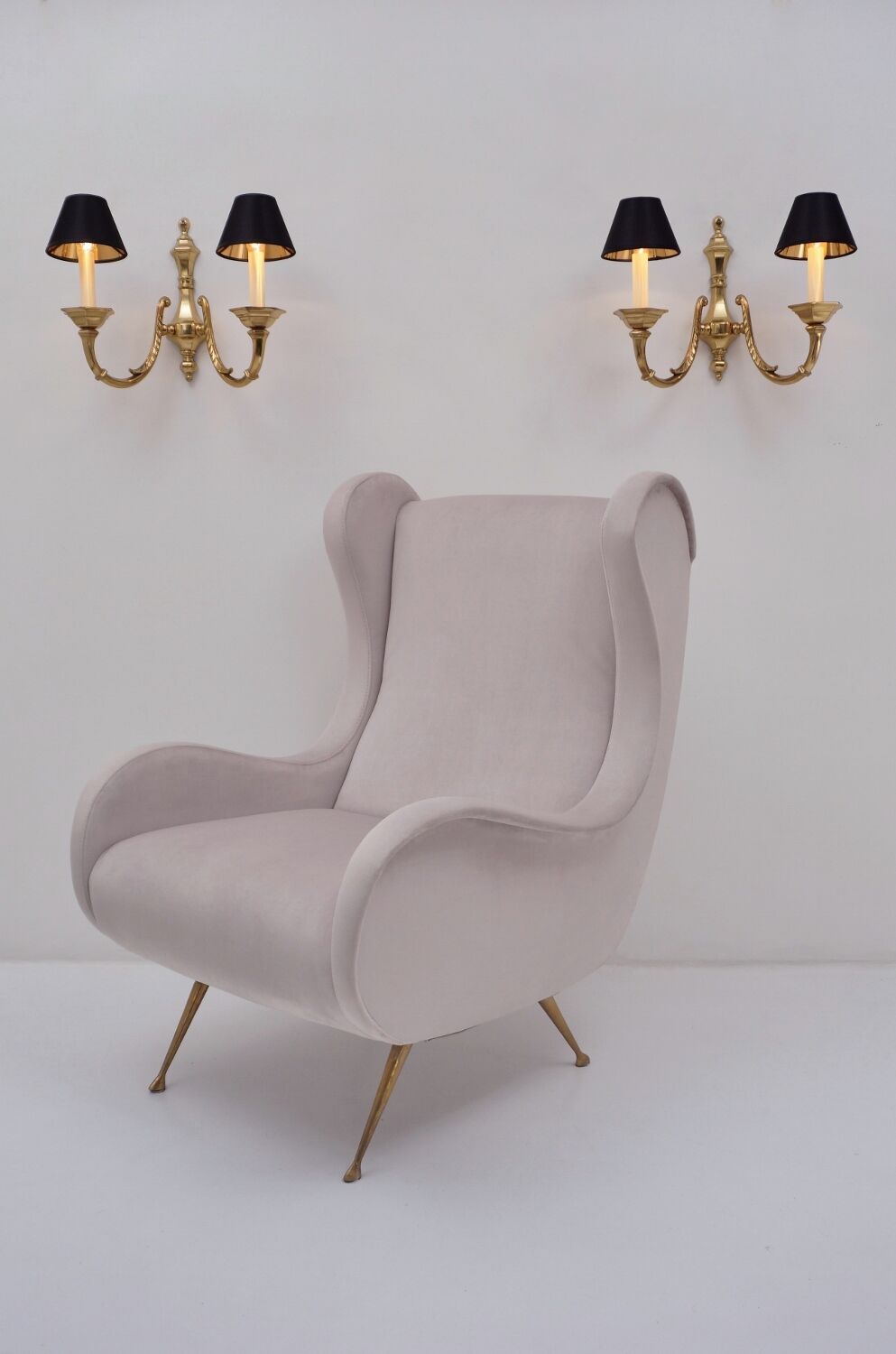 Pair brass wall lights sconces, twin arm, Neoclassical, 1950`s ca, English