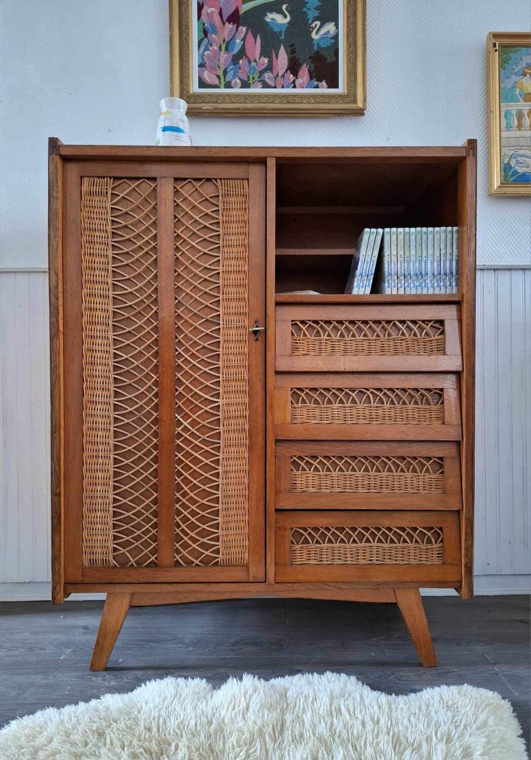 Vintage rattan cabinet with compass feet, old wicker chest of drawers