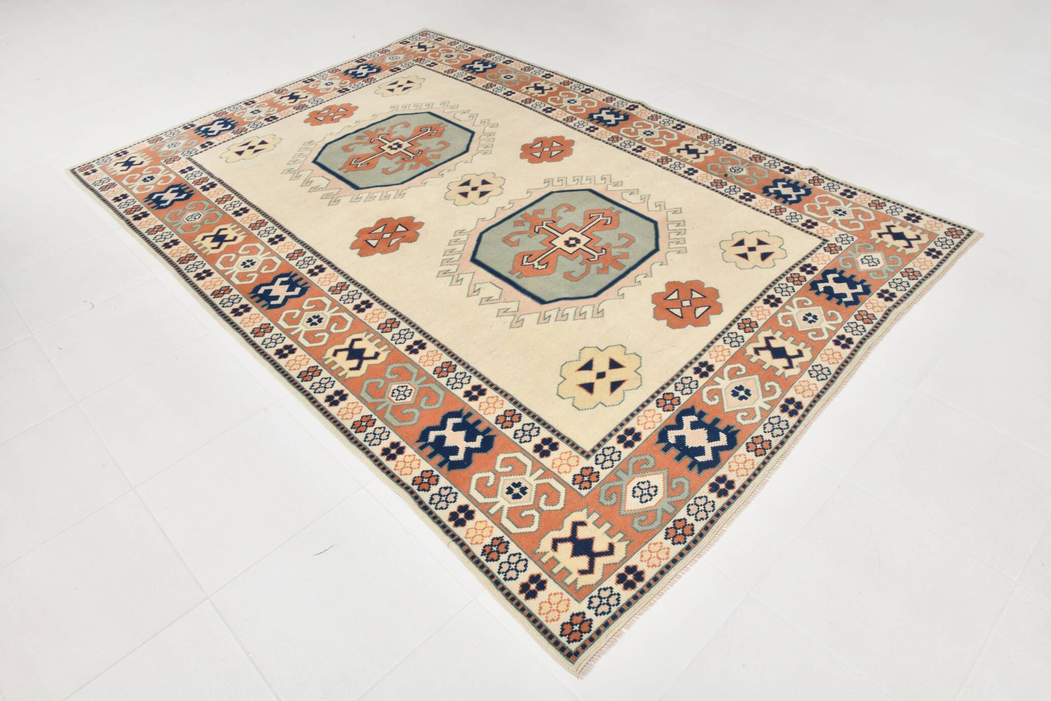 7x10 Vimtage Beige Orange Large Area Vintage Rug, 203x292 Cm