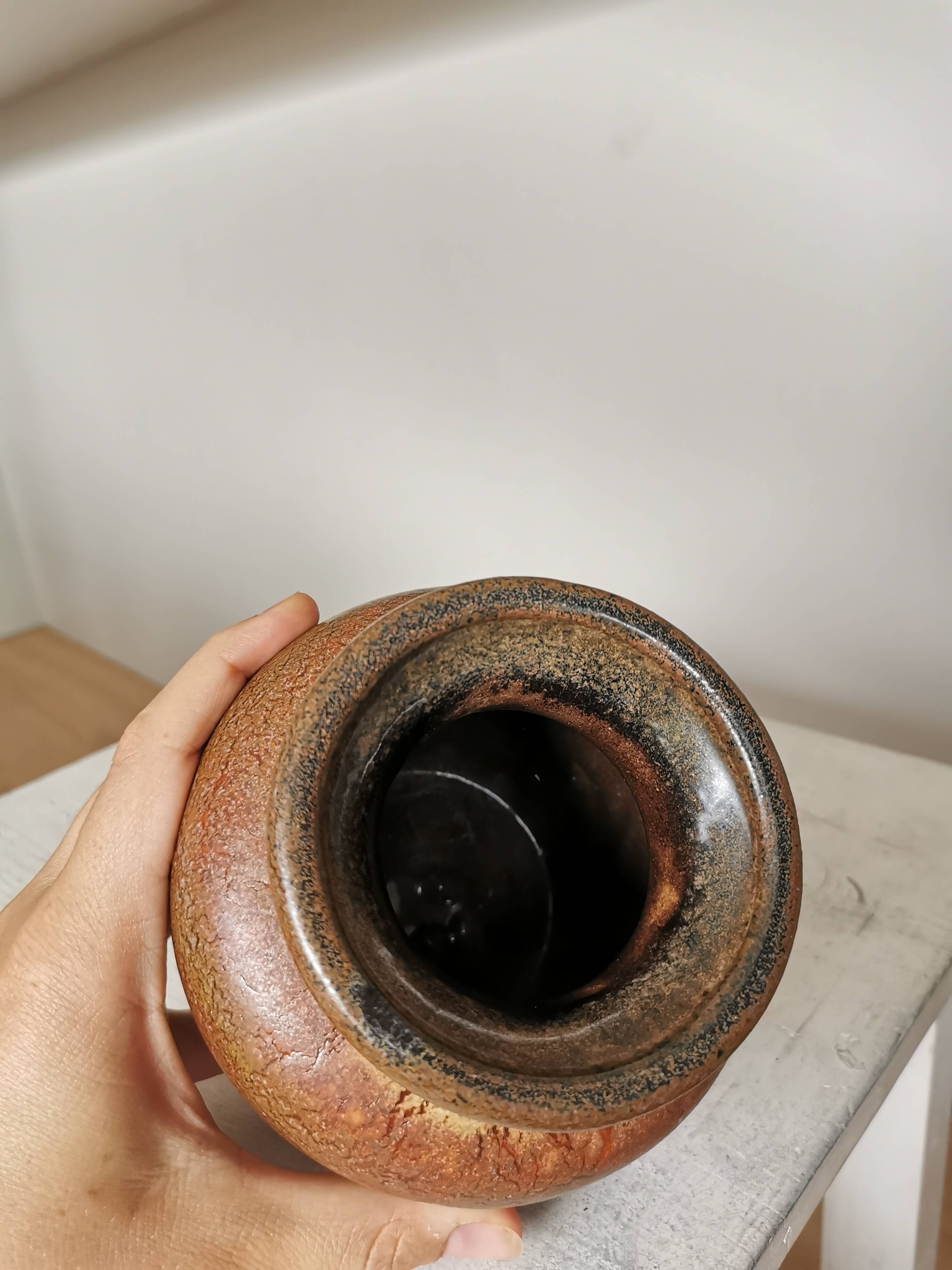 Fat Lava Pottery Vase: Vintage West Germany 202-13, Brown Drip Glaze