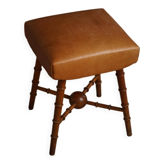 Turned wooden stool with leather seat, mid-20th century, Danish modern.