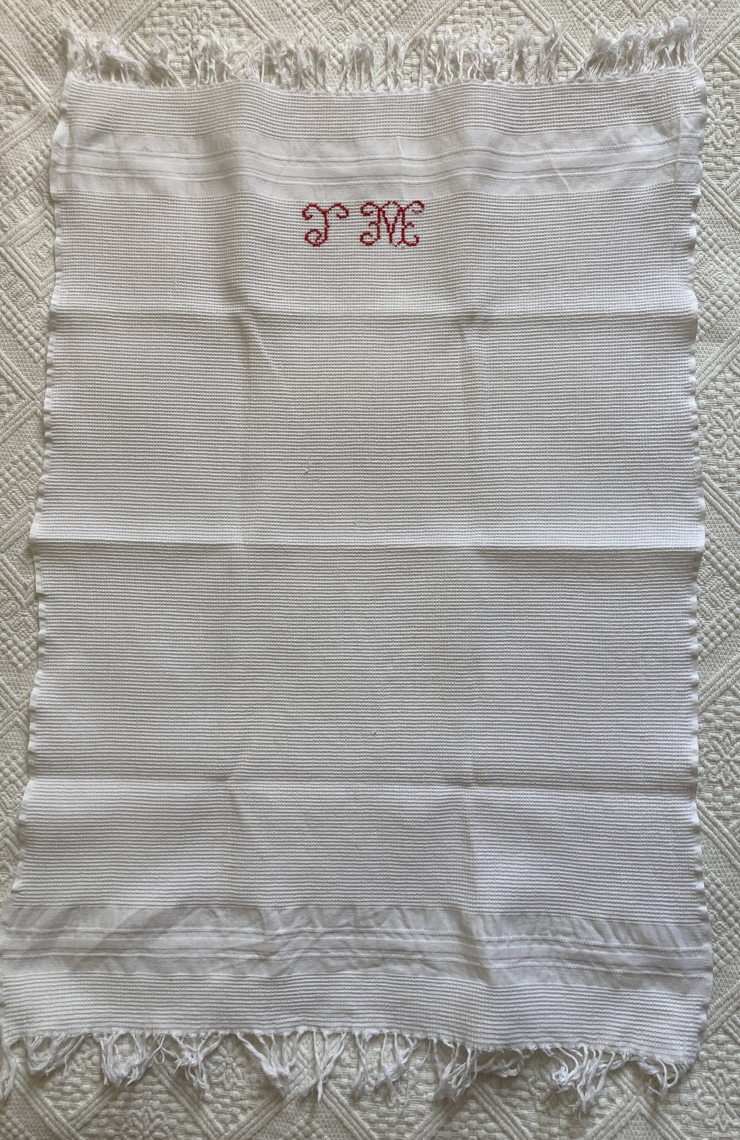4 antique tea towels - honeycomb - monogrammed JM