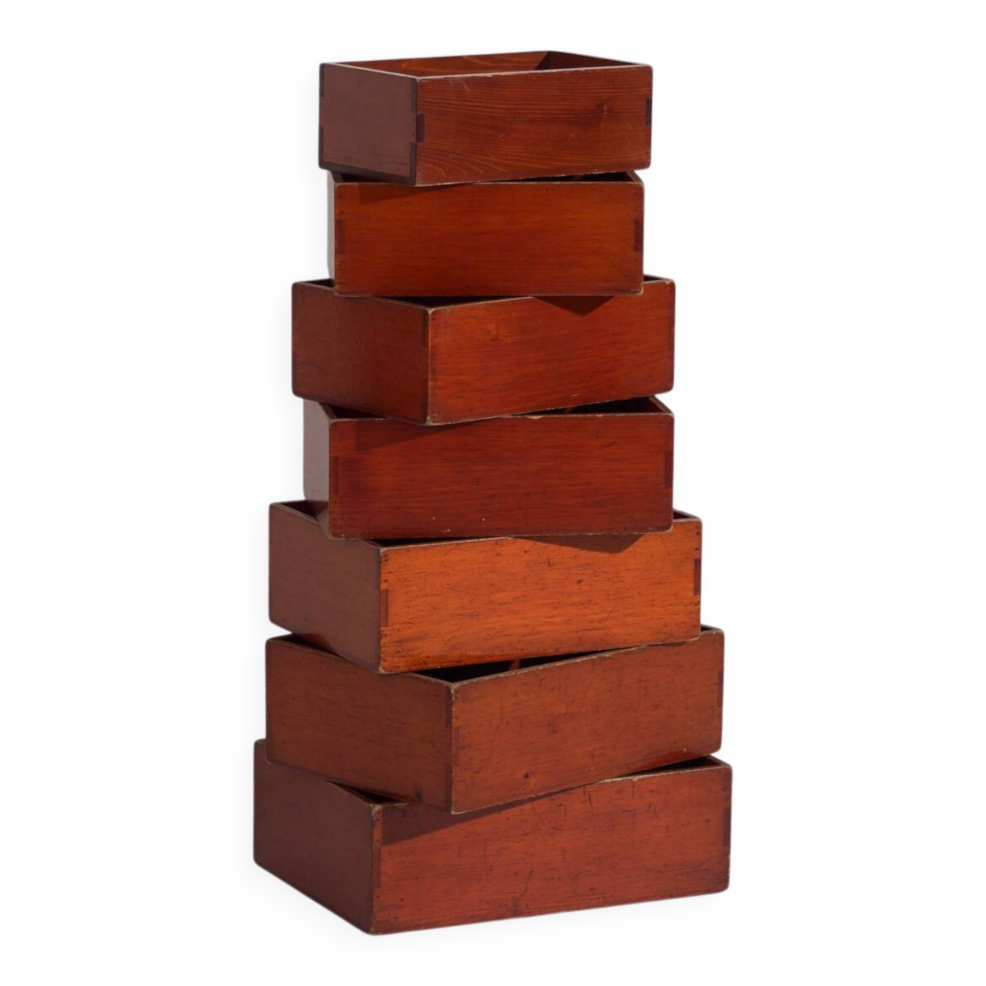 Stackable antique Japanese wooden boxes – set of 7 – Taishō–Shōwa period (c. 1920–1950)