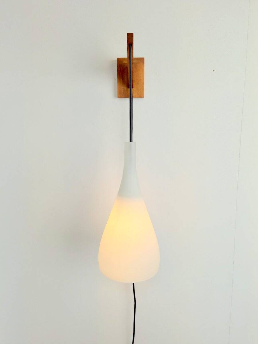 Vintage Tear Drop Wall Lamp in Teak and White Glass, Denmark, 1960s