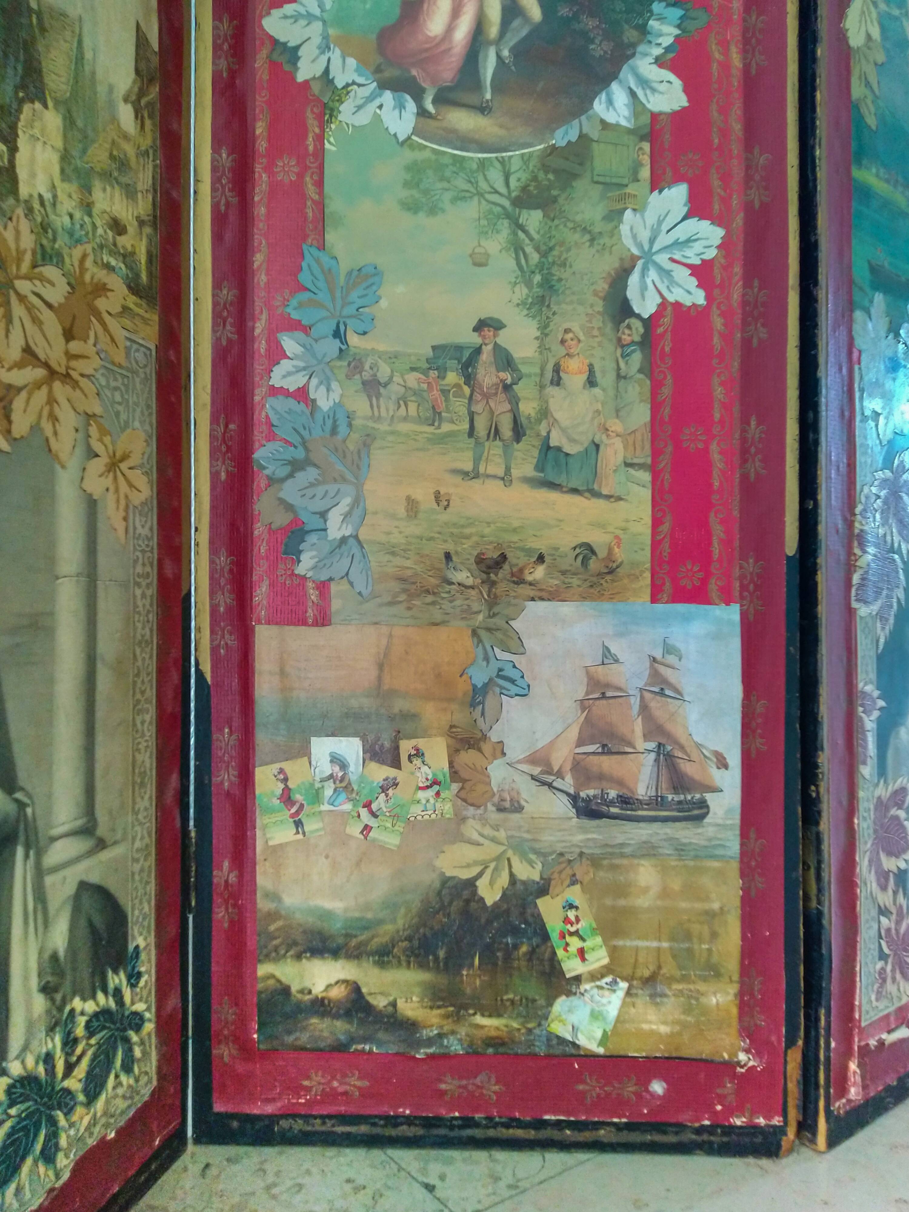 English Victorian 3-panel screen with varnished chromos