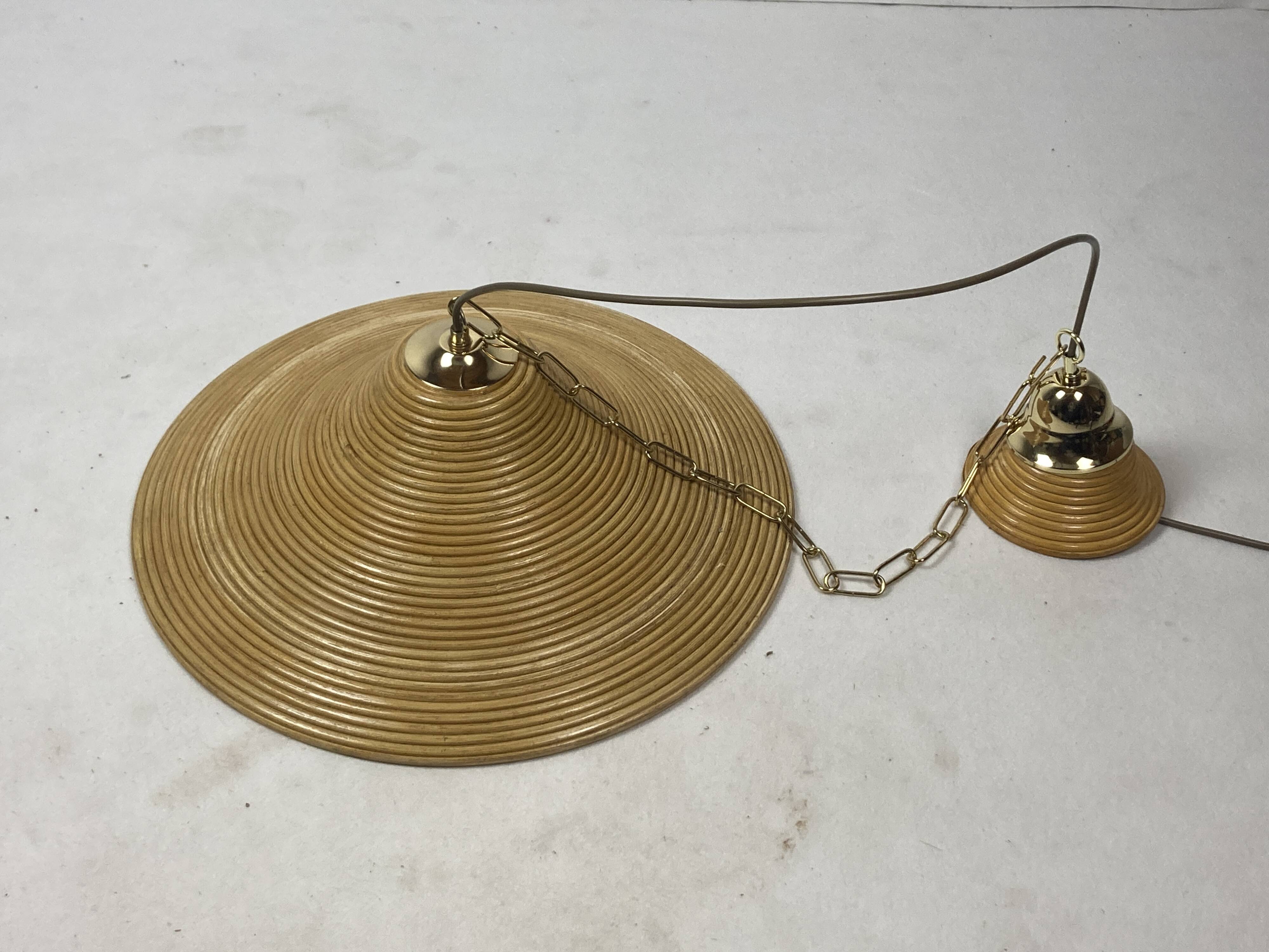 Pencil Split Reed, Rattan, Bamboo & Brass Pendant hanging lamp, Italy, 1970s