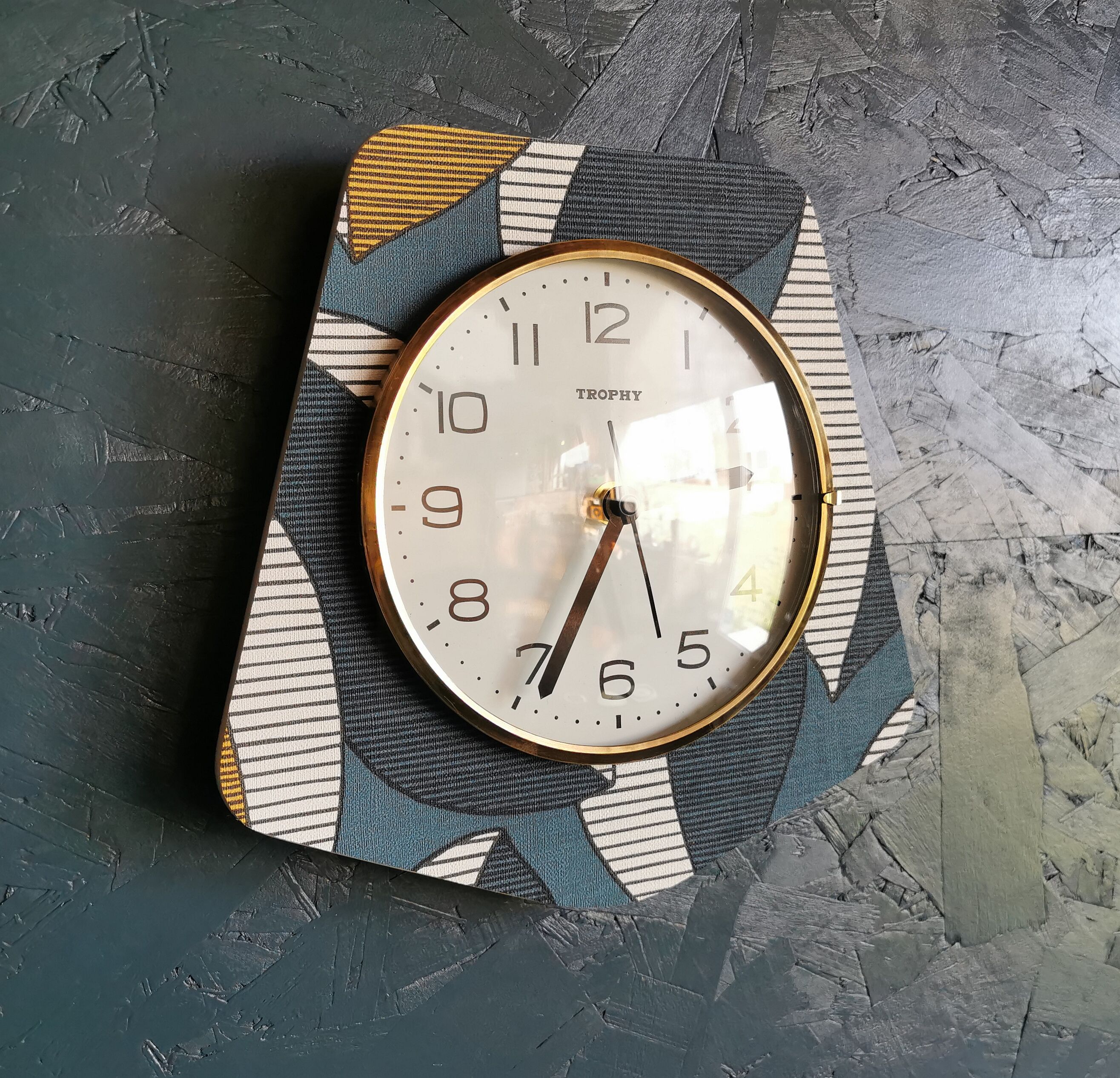 Vintage clock silent trapezoid wall clock "Trophy blue white ochre"