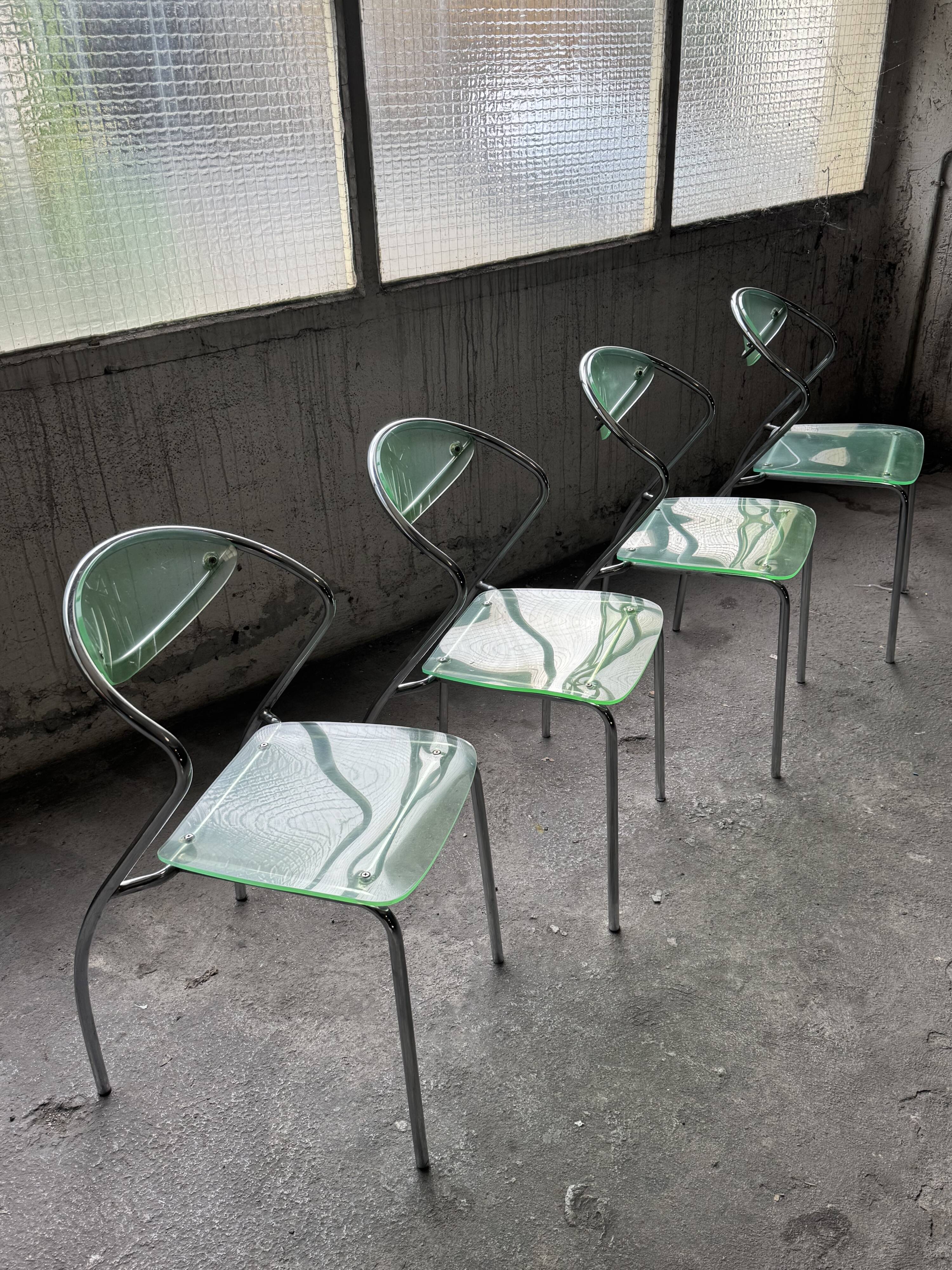 set of 4 designer chrome and plexiglass chairs, 80s