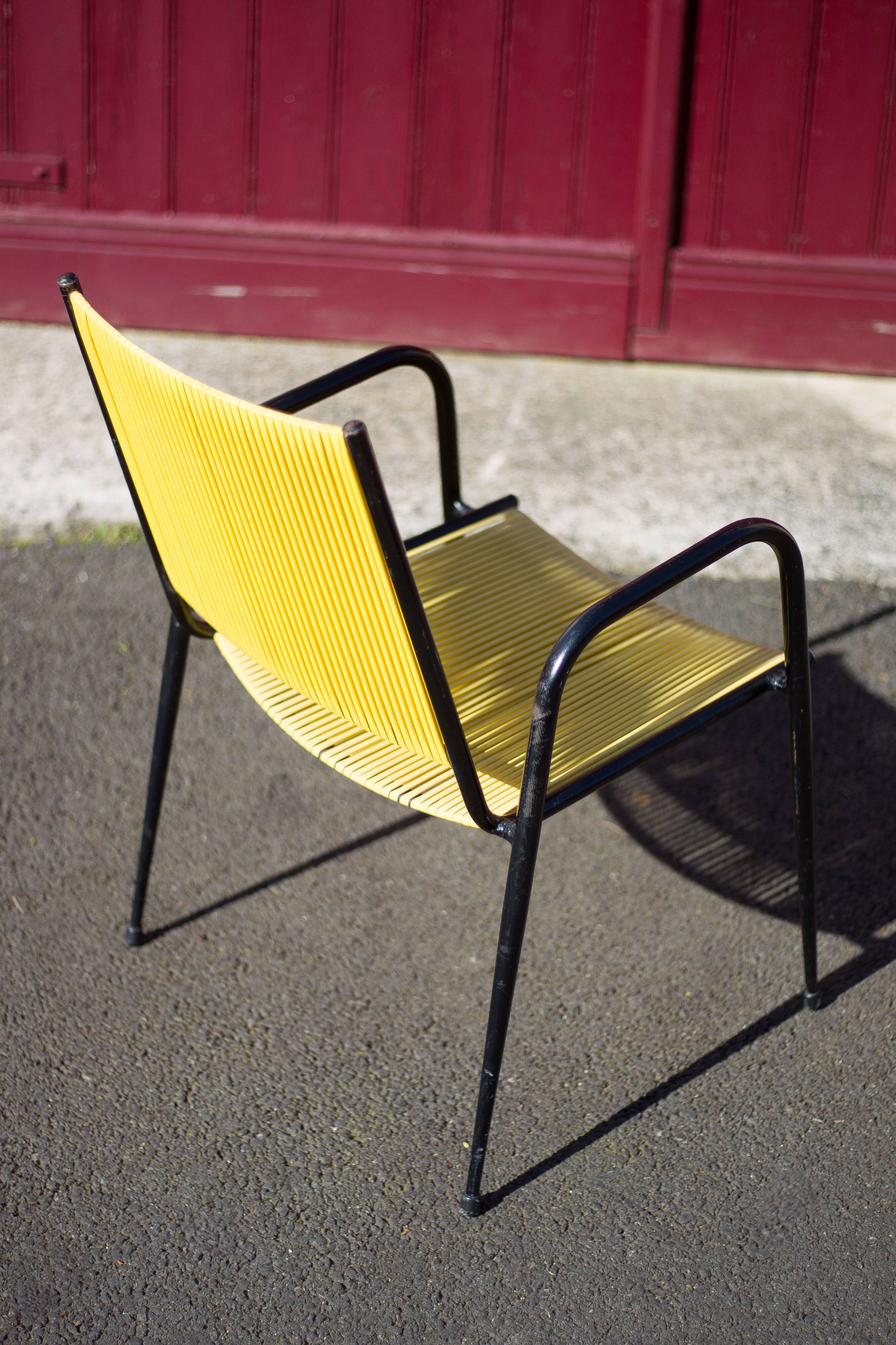 Scoubidou armchair, black metal armchair and yellow plastic wires, vintage chair