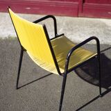 Scoubidou armchair, black metal armchair and yellow plastic wires, vintage chair